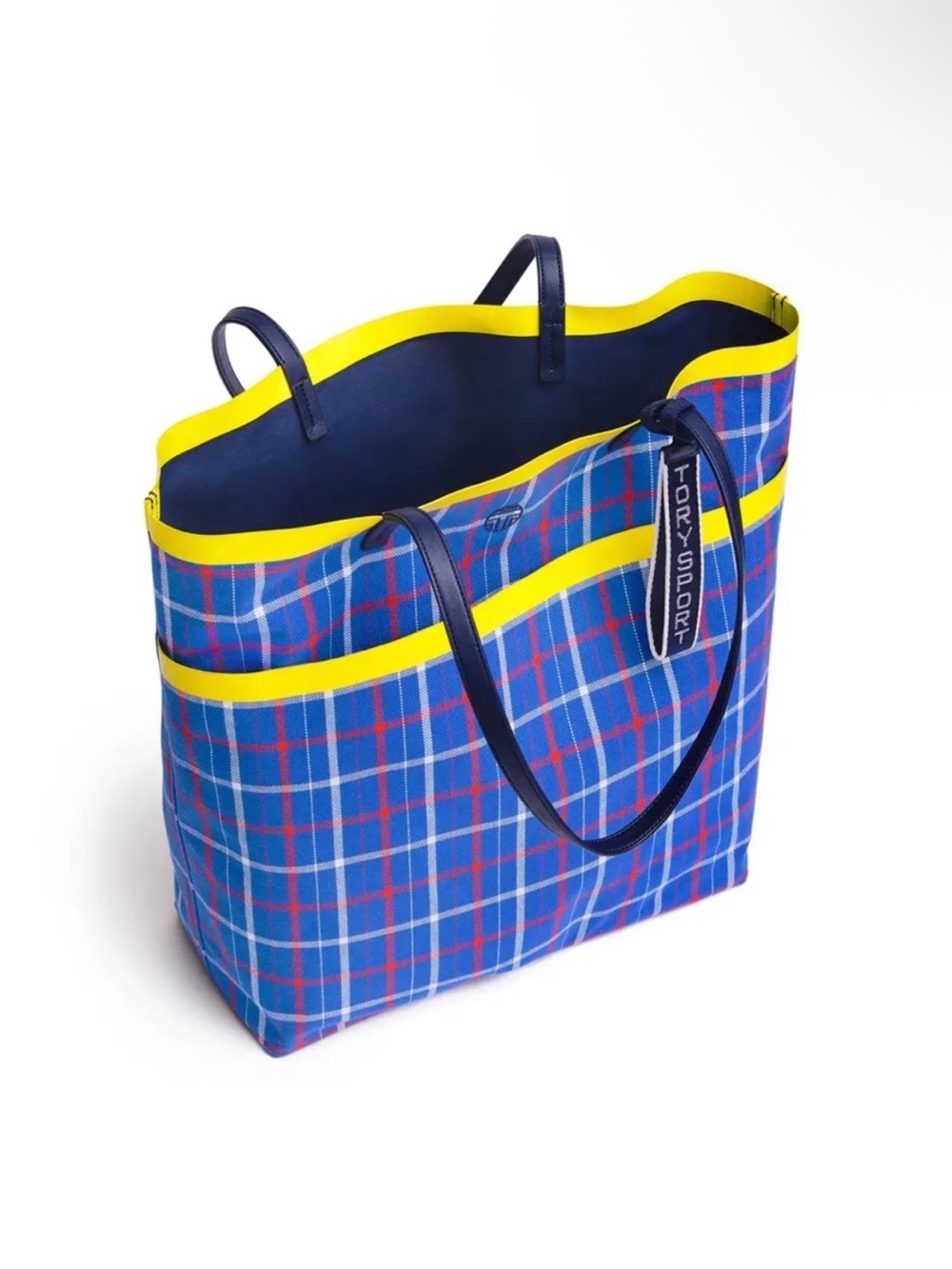 Tory Burch Sport Plaid Multicolor Bucket Tote Shoulder Bag Reversible Blue